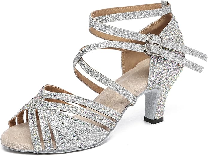 Silver glitter rhinestone women's latin dance sandals with ankle strap and low heel