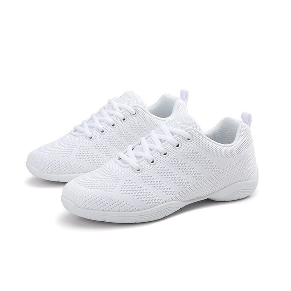Women's white breathable knit cheerleading and dance sneakers, front view