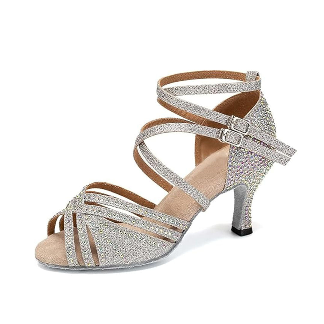 Bling silver rhinestone peep toe dance heels for salsa cha cha performance wear
