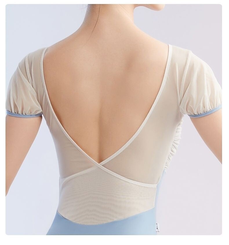 Women's Puff Sleeve Mesh Ballet Leotard, V-Neck Ruched Dance Bodysuit for Gymnastics, Dance Class & Performance