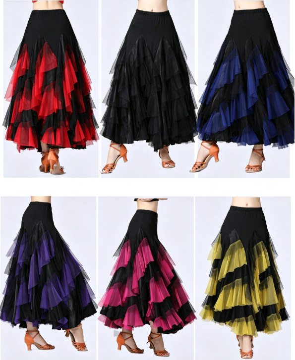 Women's color-block layered mesh Latin dance skirt for performance