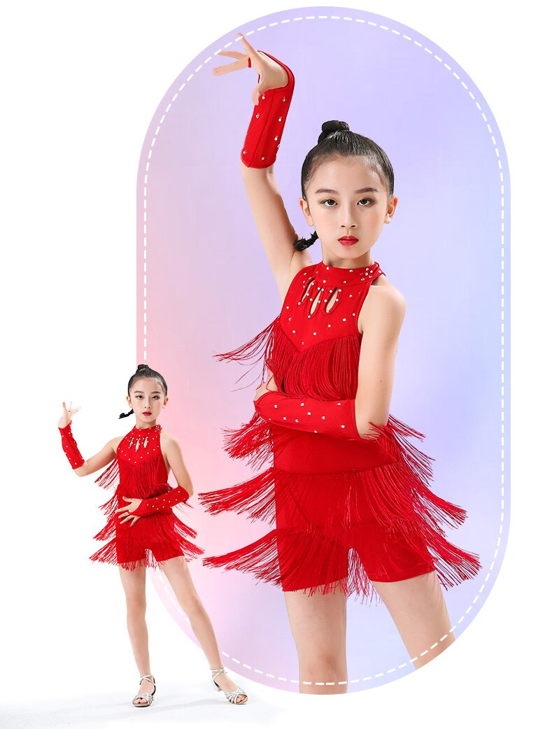 Girls Fringe Latin Dance Dress, Kids Sleeveless Ballroom Performance Costume with Rhinestones and Arm Sleeves for Dance Competition