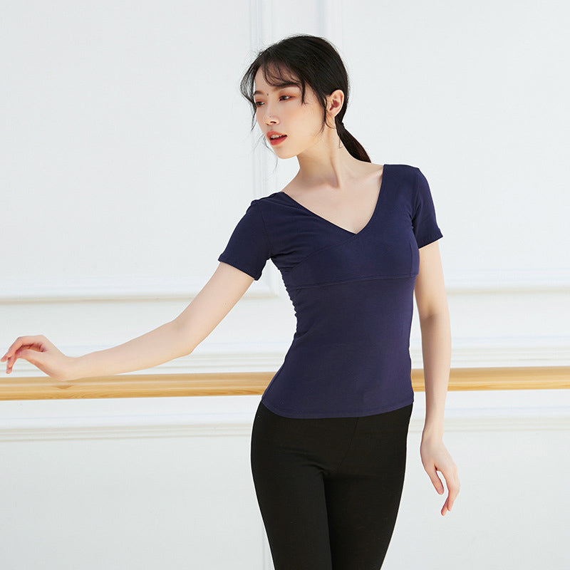Adult Blue Wrap V-Neck Ballet Dance Top, Soft 4-Way Stretch Dancewear for Dance Class