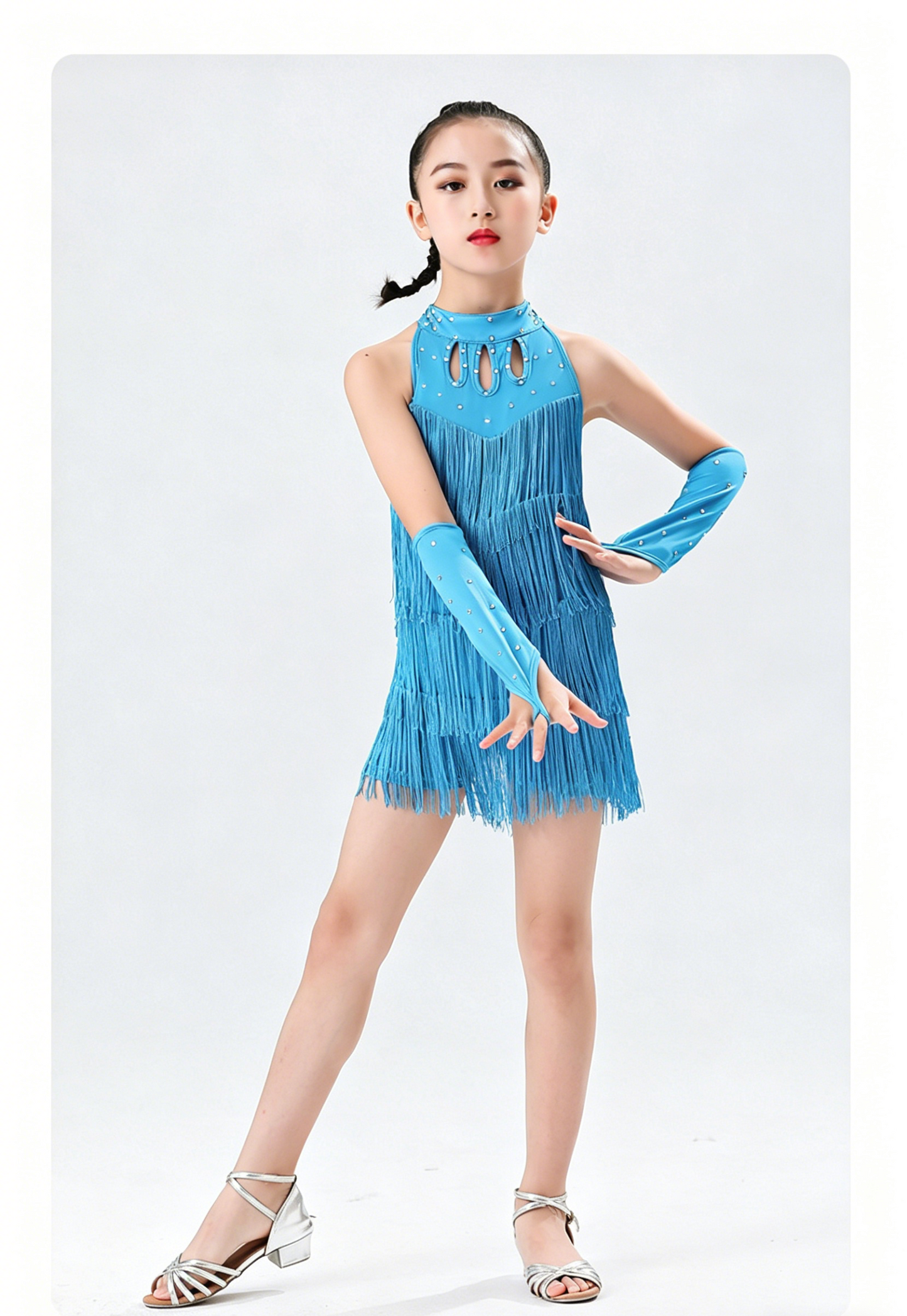 Little Girls Latin Dance Costume, Kids Tiered Fringe Ballroom Dress, Halter Neck Sleeveless Outfit with Gloves for Dance Recitals and Competitions
