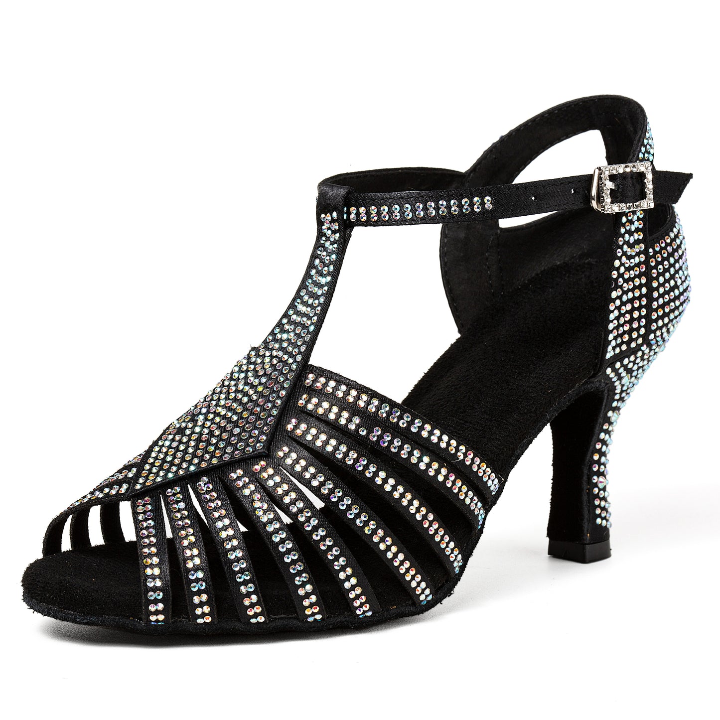 Women's Open Toe Latin Dance Shoes with Rhinestones, Comfortable Mid Heel
