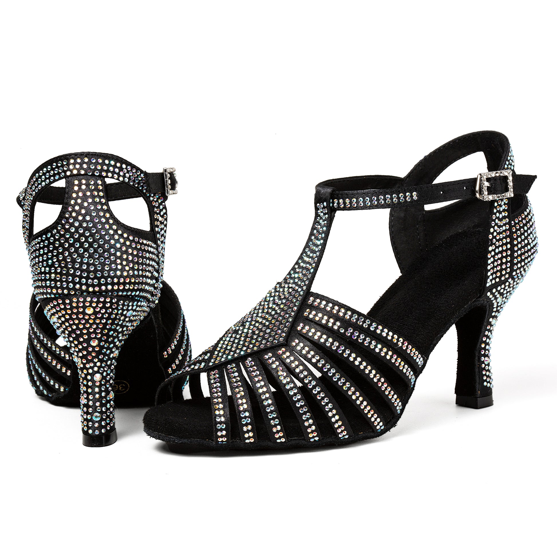 T-Strap Rhinestone Latin Dance Shoes, Secure Ankle Strap with Buckle