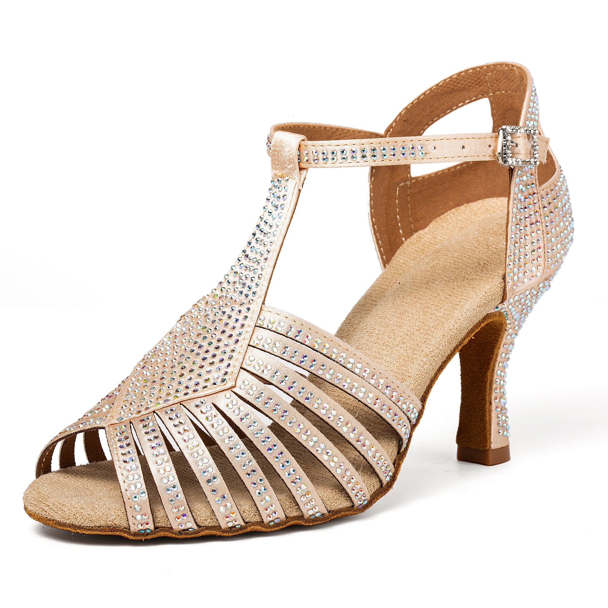 Women's Rhinestone T-Strap Latin Dance Shoes, Peep Toe Satin Ballroom Salsa Heels