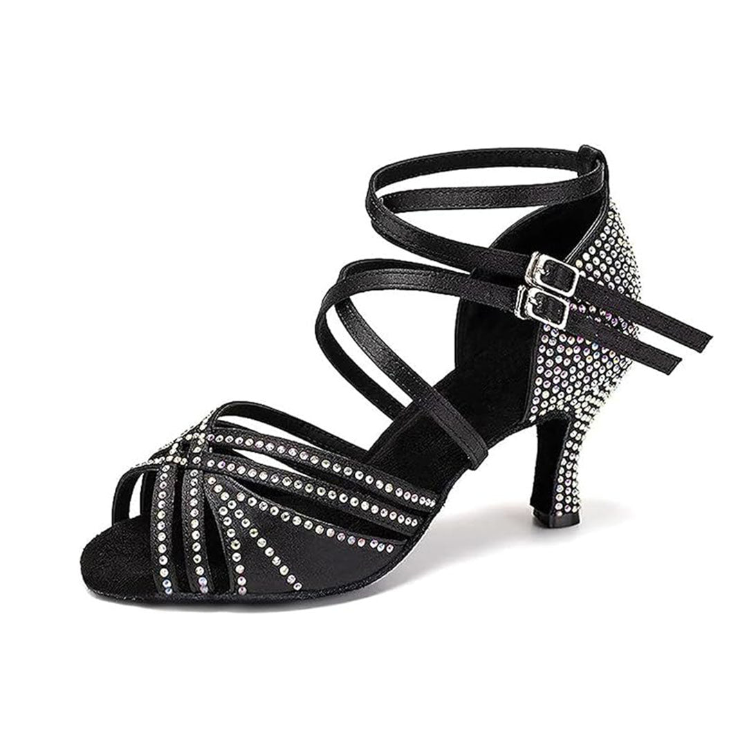 Comfortable mid heel latin dance sandals for female dancers, shiny rhinestone design