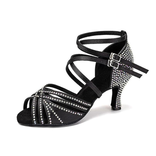 Comfortable mid heel latin dance sandals for female dancers, shiny rhinestone design