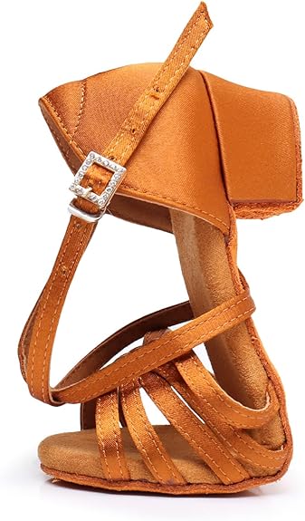 Brown Latin Dance Shoes Girls, Low Heel Ballroom Dance Sandals, Satin Strappy Dance Shoes with Ankle Strap