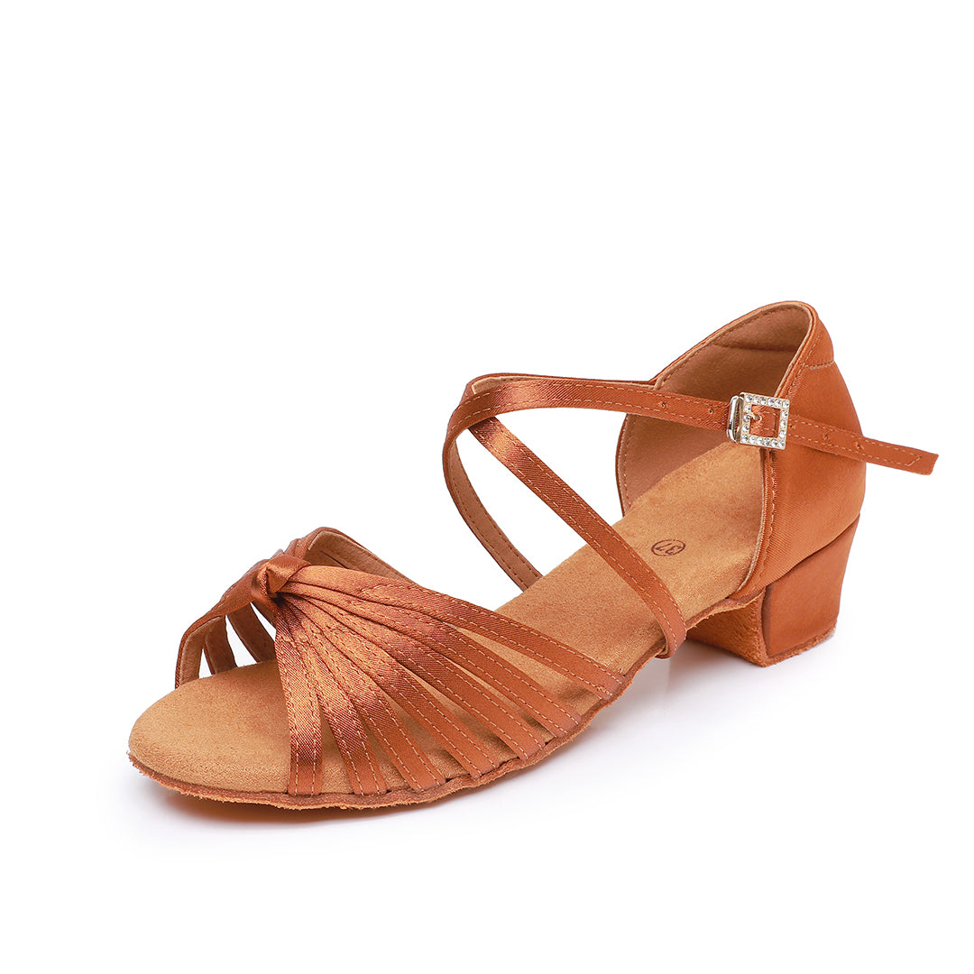 Girl's Latin Dance Shoes, Closed Toe Satin Ballroom Dancing Shoes with Low Heel and Ankle Strap, Brown