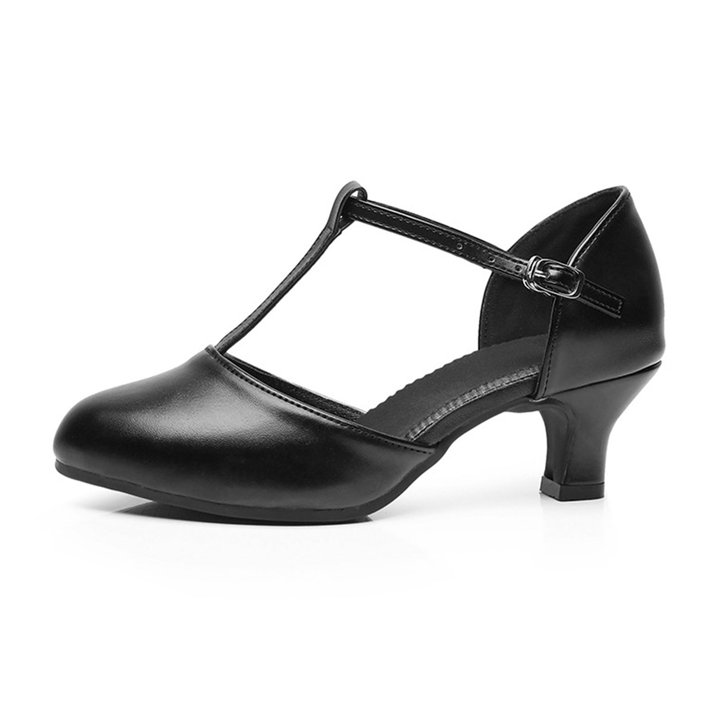Classic black leather T-bar dance pumps, comfortable mid heel ladies salsa dance footwear