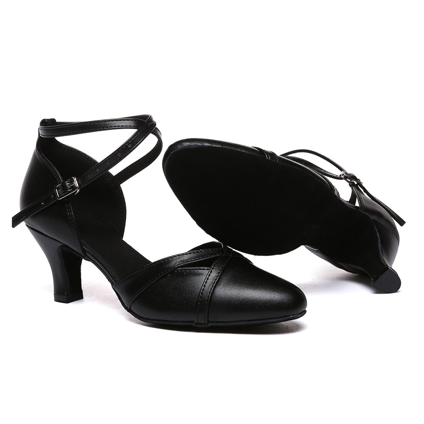 Black Salsa Tango Dance Shoes for Women, Closed Toe, Ankle Strap Buckle