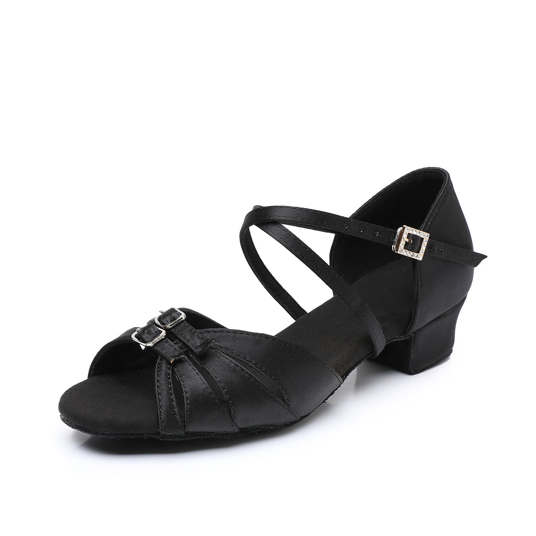 Black Satin Girls' Dance Shoes, Cross Strap Latin Heels with Double Buckle Detail