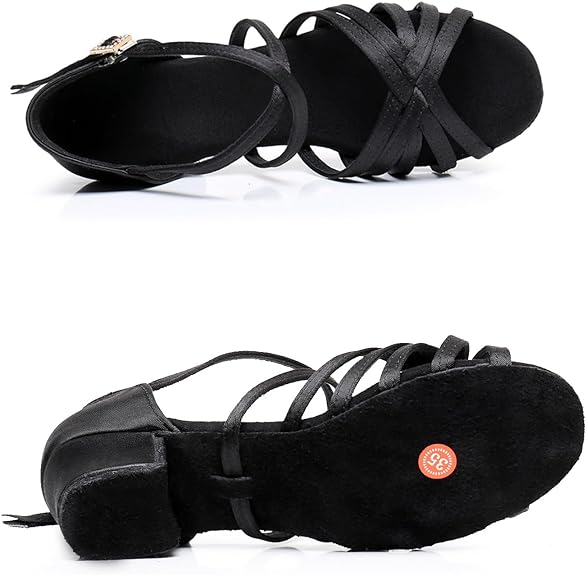 Satin Upper Latin Dance Shoes, Soft Suede Insole, Adjustable Ankle Strap, Low Heel for Salsa, Bachata, Rumba