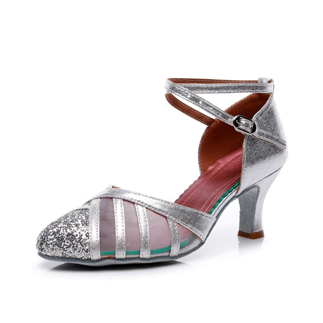 Women's Silver Glitter Latin Dance Heels, Mesh Closed Toe Ballroom Shoes with Suede Sole for Indoor Dance Floor