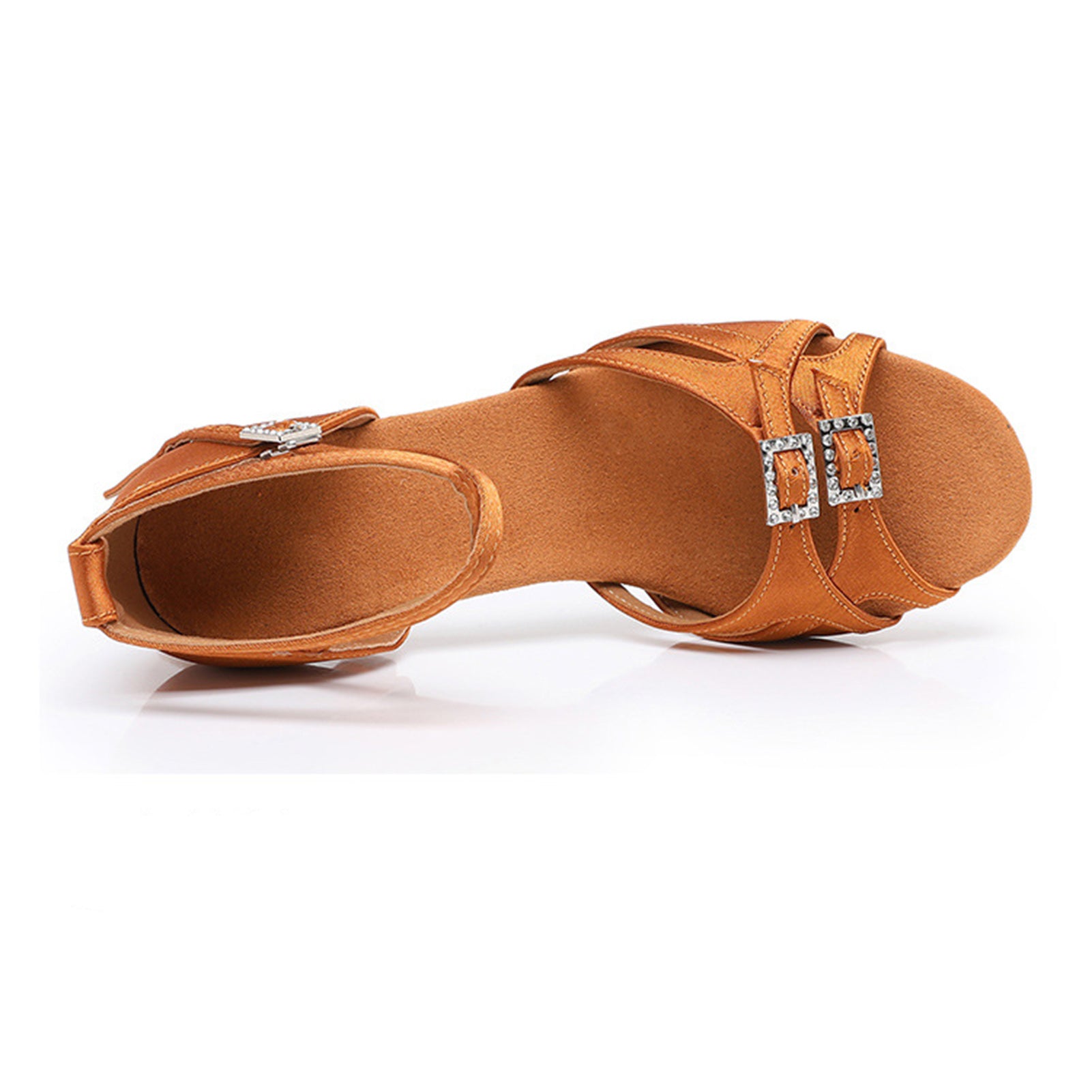 High-quality satin Latin dance shoes with secure buckle closure and non-slip sole