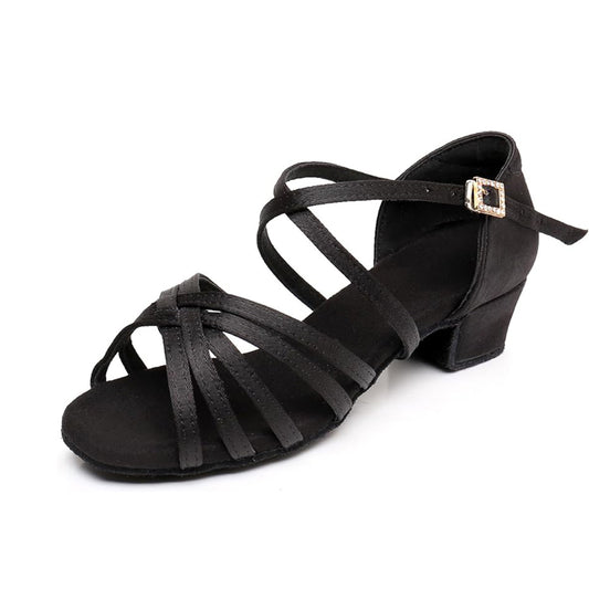 Professional Latin Ballroom Dance Shoes for Girls, Closed Toe Strappy Design, Suede Sole for Dance Floor