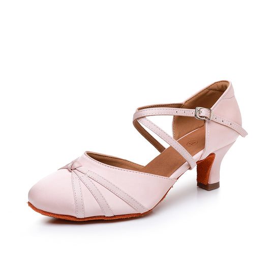 Premium satin Latin dance shoes for practice and performance with stable heel