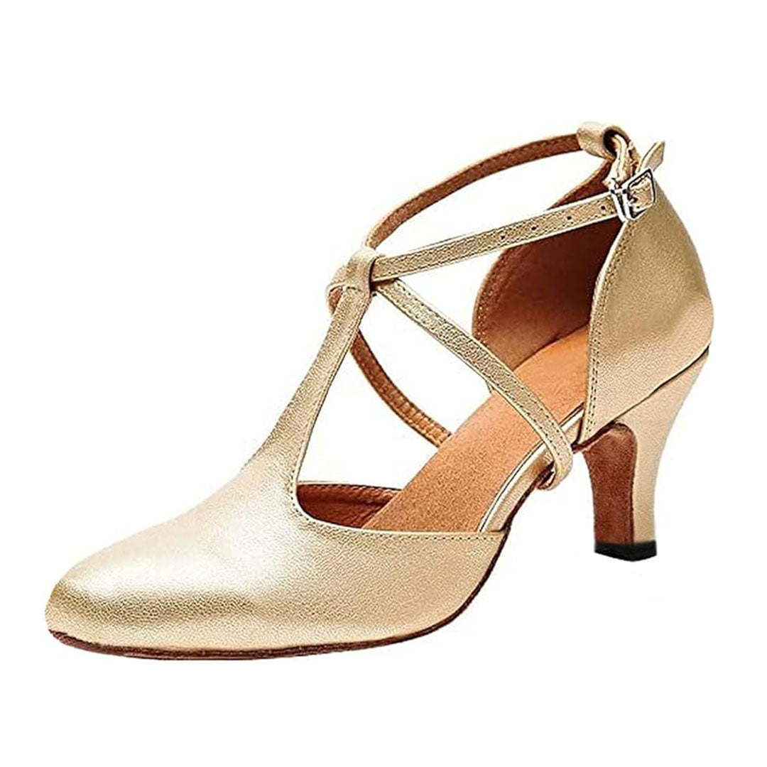 Women's beginner Latin dance shoes, soft leather closed toe adjustable ankle buckle dance pumps