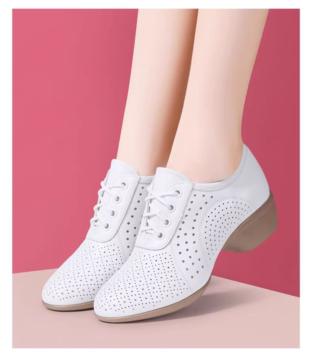 Women wearing white leather dance shoes with ergonomic 4cm heel on pink background