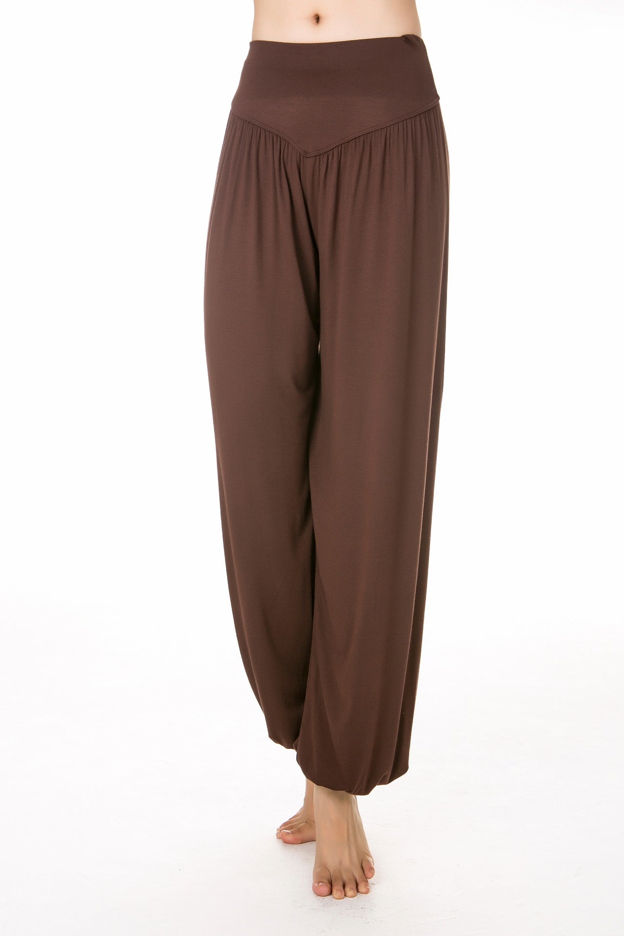 Close-up of tummy-control triangle waistband on modal yoga pants