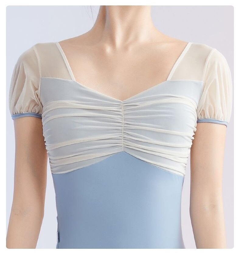 Blue ruched front ballet leotard, V-back mesh dance unitard for dance training