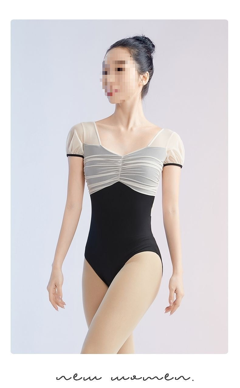 Black color block ballet leotard, puff sleeve mesh dance bodysuit for performance