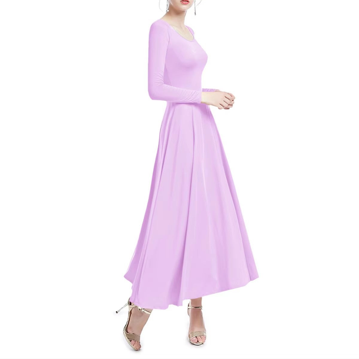 Flowy A-line praise dance gown, women's modest long sleeve dress for Christian stage performance