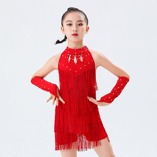 Children's Halter Neck Latin Dance Outfit, Tiered Tassel Ballroom Dress for Girls, Stage Performance and Practice Wear with Gloves