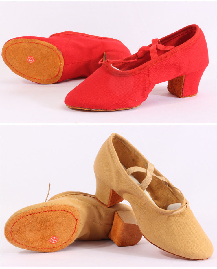 Ladies 5cm Heel Tan Canvas Dance Shoes, Soft Sole Practice Footwear