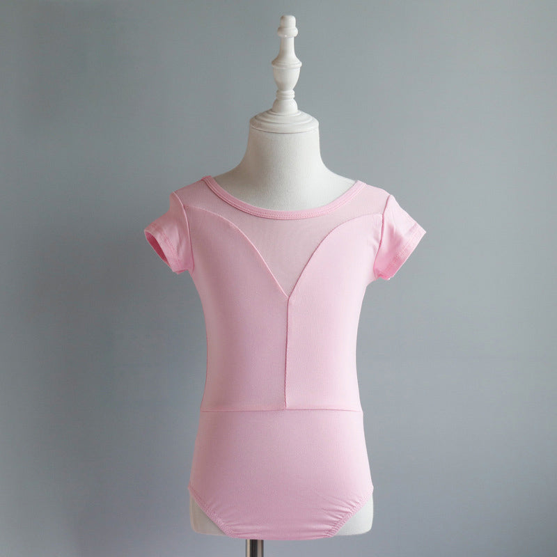 Kids Short Sleeve Ballet Leotard with Mesh V-Neck, Elegant Dancewear for Little Ballerinas