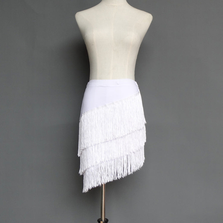 White women's fringe salsa dance skirt for stage performance