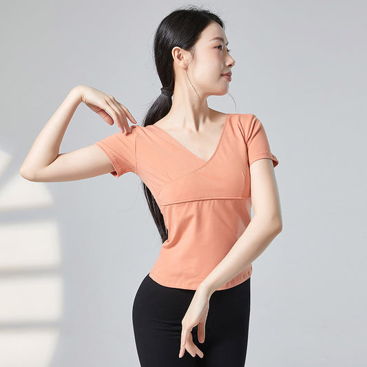 Women's V-Neck U-Back Short Sleeve Dance Top, Stretchy Cotton Ballet Dancewear for Adults