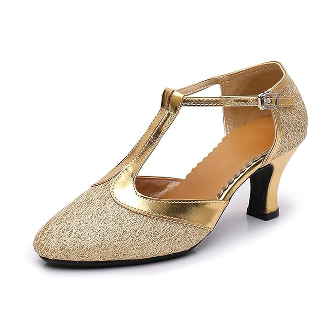 Women's Latin Salsa Dance Shoes Closed Toe T-Strap Tango Cha-Cha Ballroom Performence Shoes Model A47D