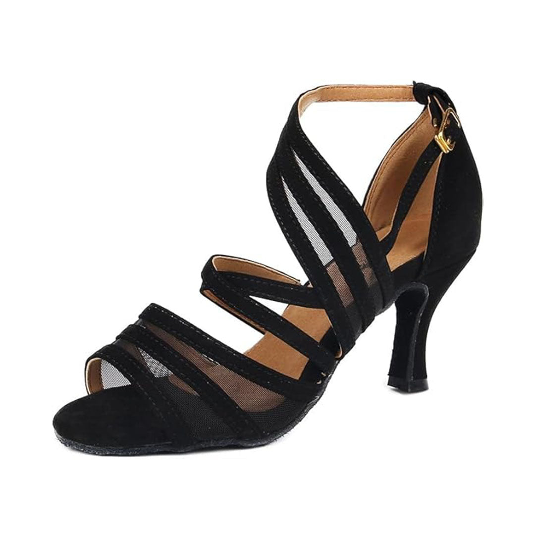 Black Latin dance shoes with mesh and coral fleece crisscross straps, open toe design for women