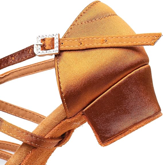 Beginner Latin Dance Shoes for Girls, 3.5cm Low Block Heel, Brown Satin Ballroom Dance Sandals