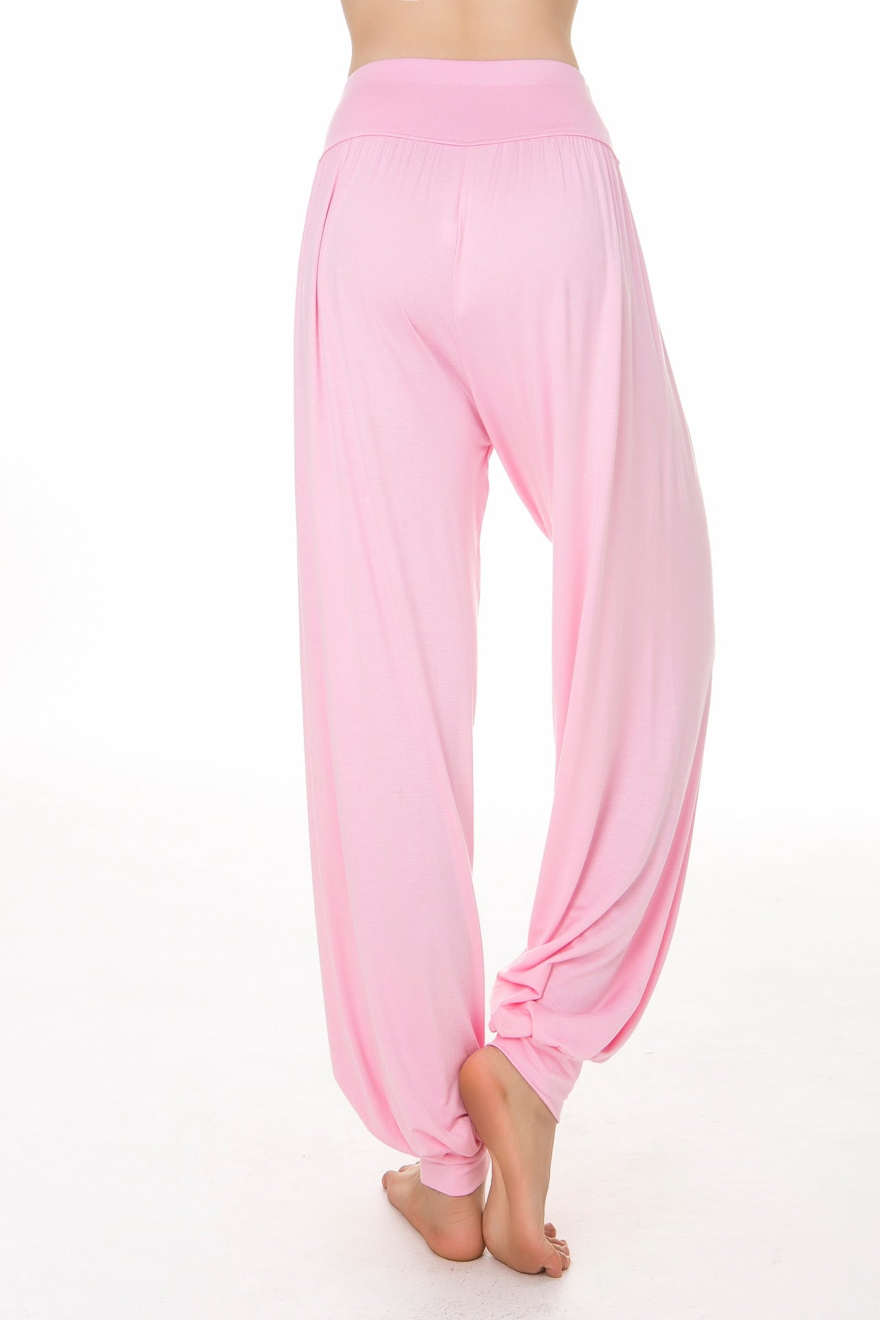 Pink modal high-waist harem yoga pants with triangle waistband