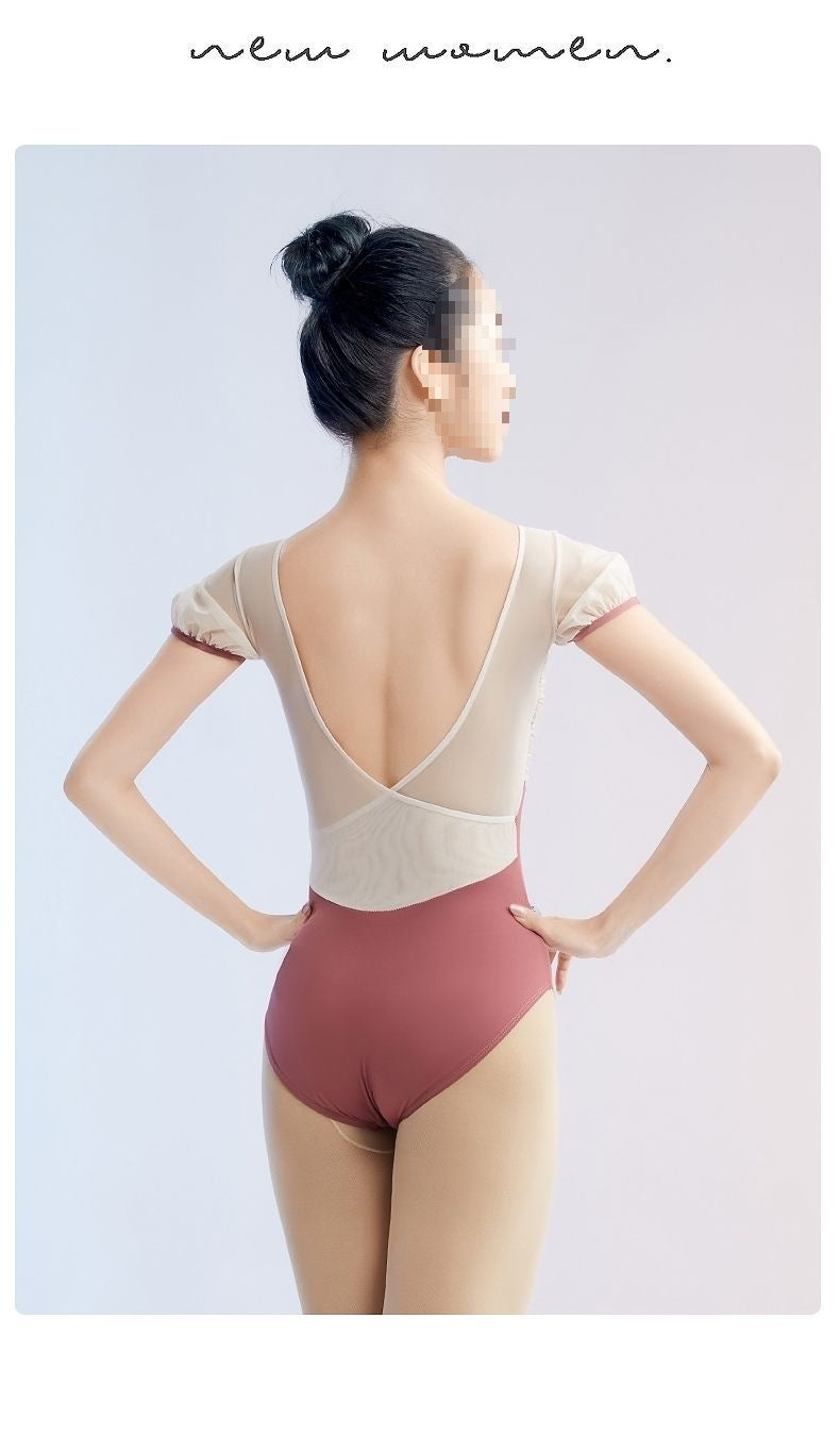 Set of women's puff sleeve ballet leotards, ruched front mesh dance bodysuits in multiple colors
