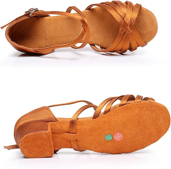 Elegant Brown Latin Dance Shoes with Rhinestone Ankle Buckle, Crisscross Straps, Comfortable Block Heel for Performance
