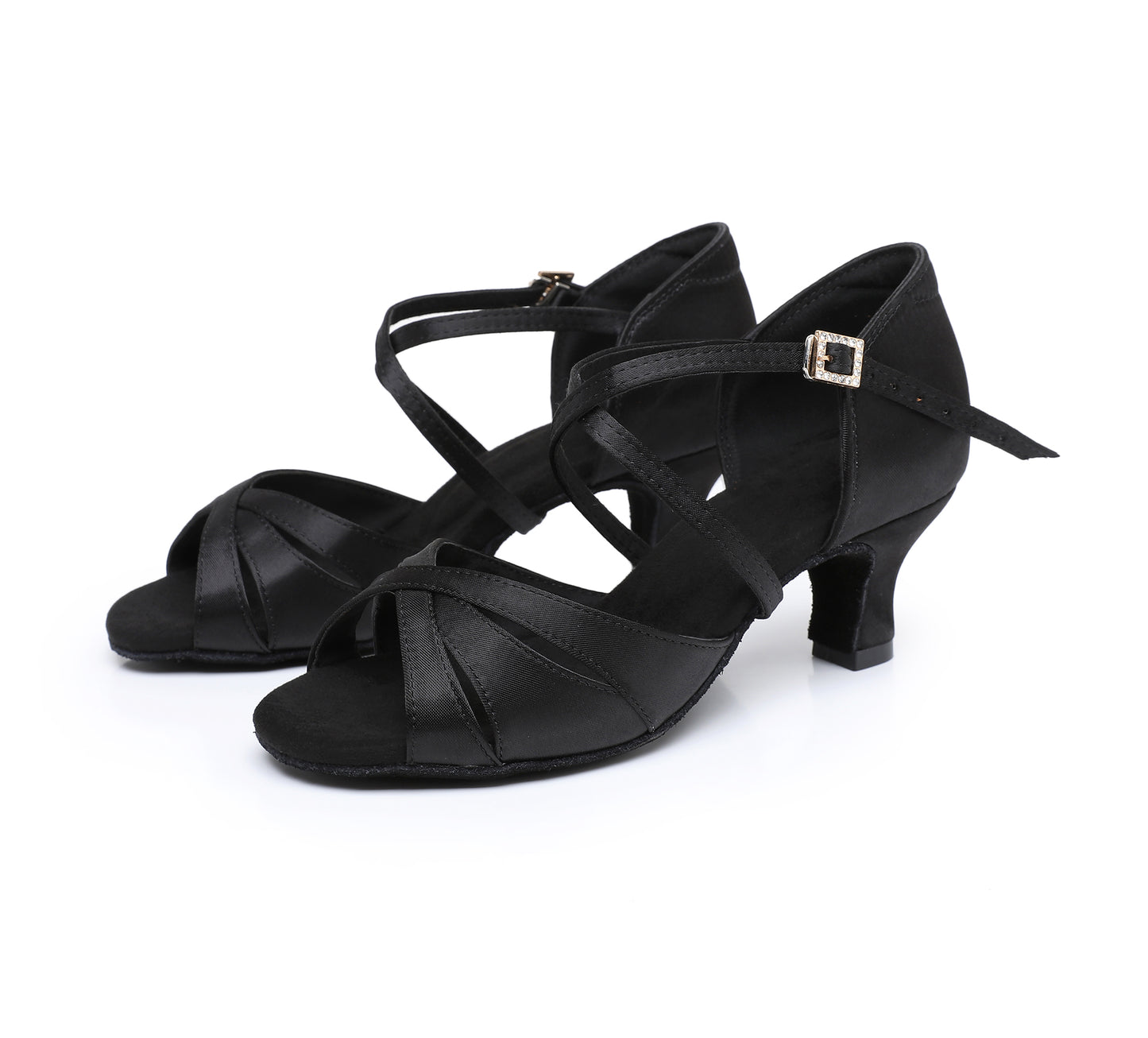 Non-Slip Suede Sole Latin Dance Shoes, Adjustable Rhinestone Buckle, Crisscross Toe Straps, Mid Heel