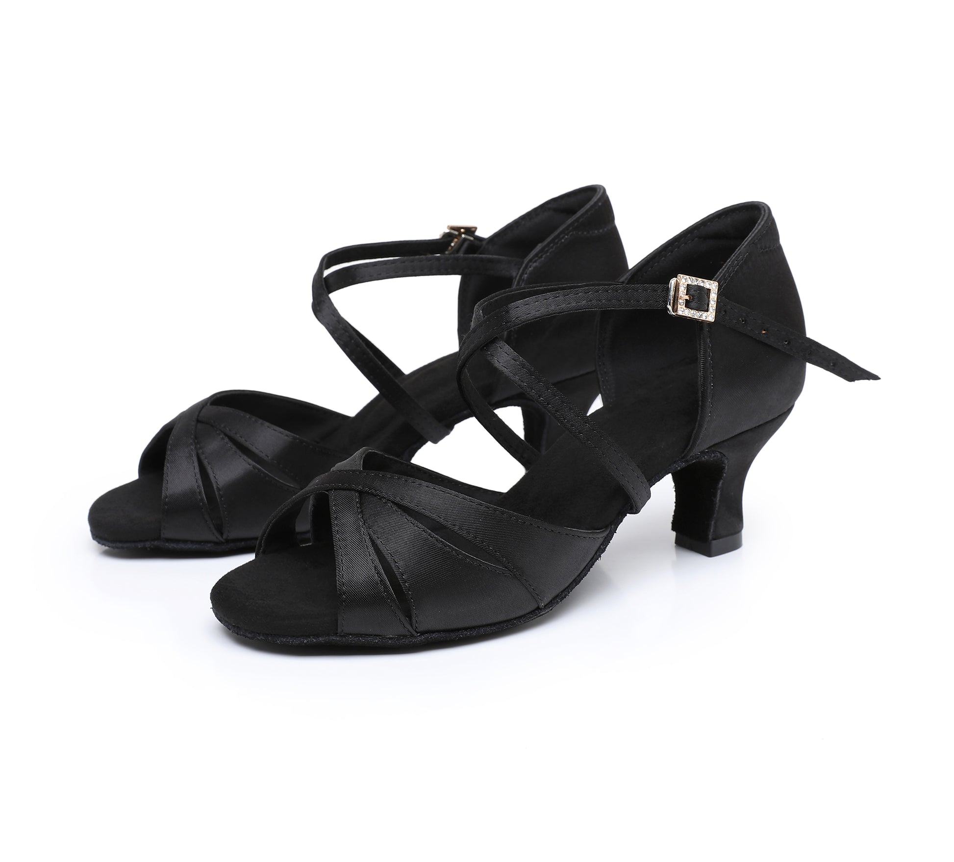 Non-Slip Suede Sole Latin Dance Shoes, Adjustable Rhinestone Buckle, Crisscross Toe Straps, Mid Heel