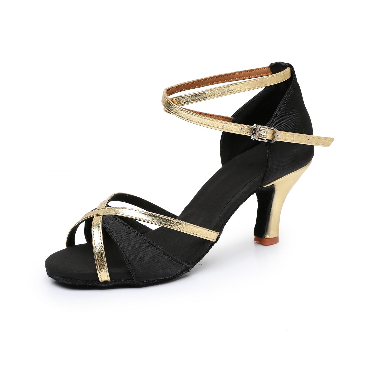 Professional Latin dance shoes for women, black satin with gold straps, high heel for stage performance and competition