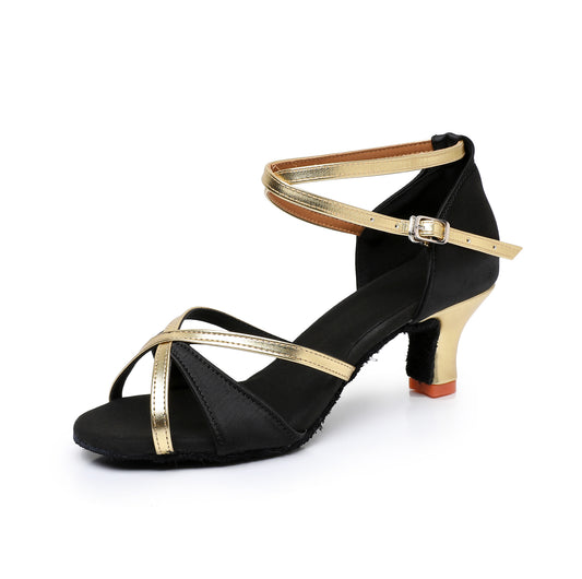 Women's black and gold satin Latin dance shoes with ankle strap and high heel for ballroom salsa dancing