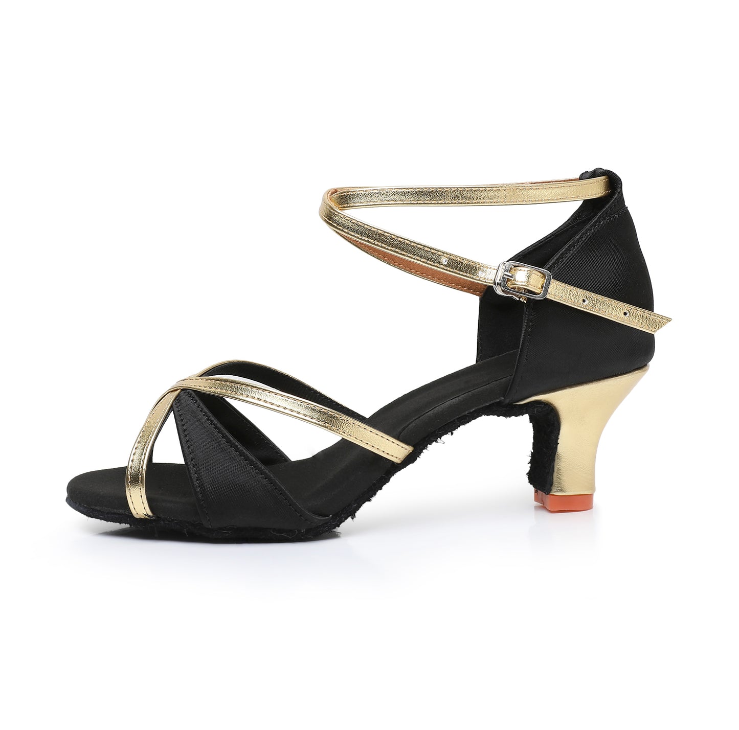 Professional ladies' Latin dance heels, black satin with gold cross straps, suitable for tango and ballroom performance
