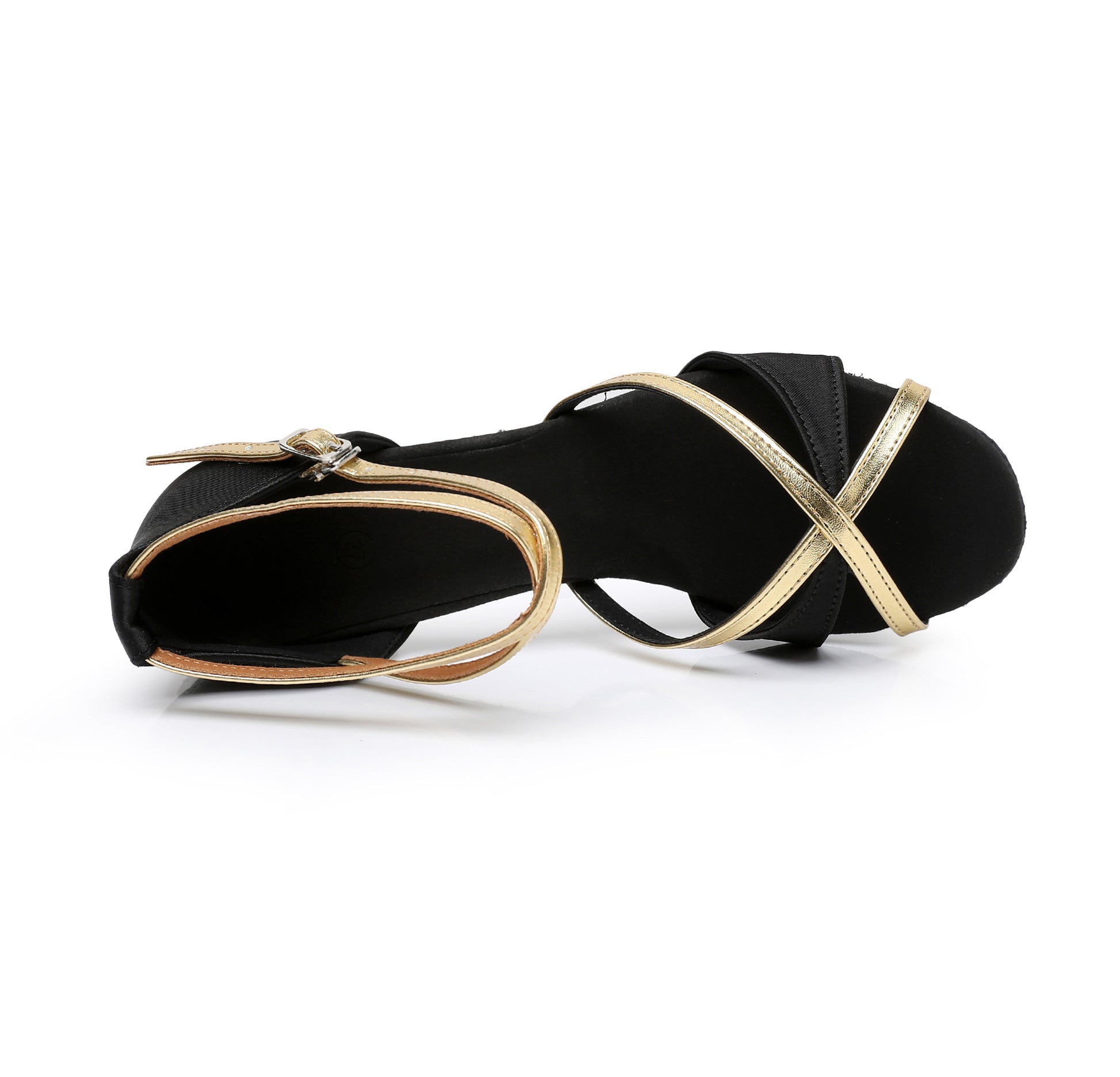 Ladies' ballroom dance shoes, black satin upper with gold metallic accents, suede sole for smooth dance floor