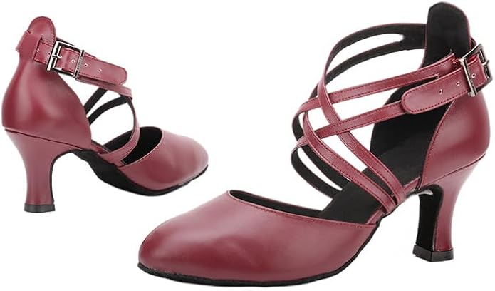 Leather Latin Dance Shoes For Women Cross Strap Closed Toe Ballroom Salsa Tango Performance Model A35G