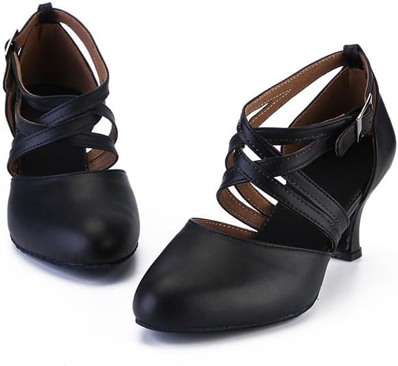 Classic black women's tango dance footwear, comfortable low heel and wrap-around crisscross straps