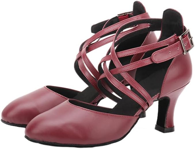 Ladies comfortable performance latin dance shoes, cross strap ankle support and moderate stable heel