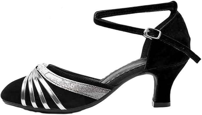 Black and silver closed-toe Latin dance shoes with ankle strap and glitter accents